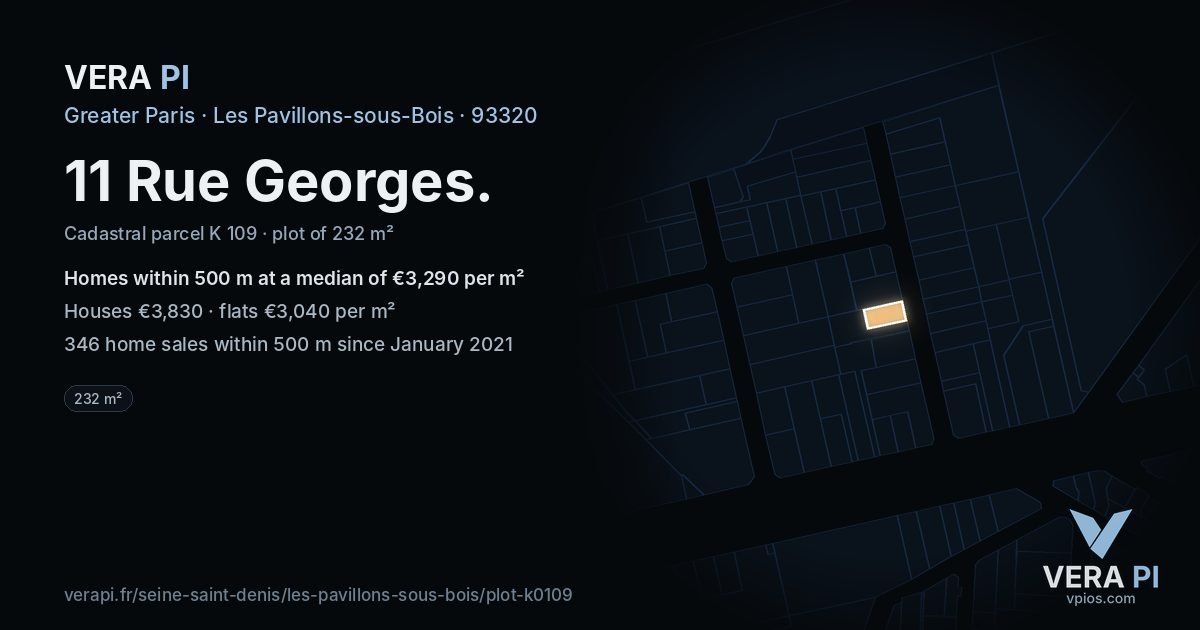 11 Rue Georges, Les Pavillons-sous-Bois at night – the plot lit, the parcels around coloured by the prices near them