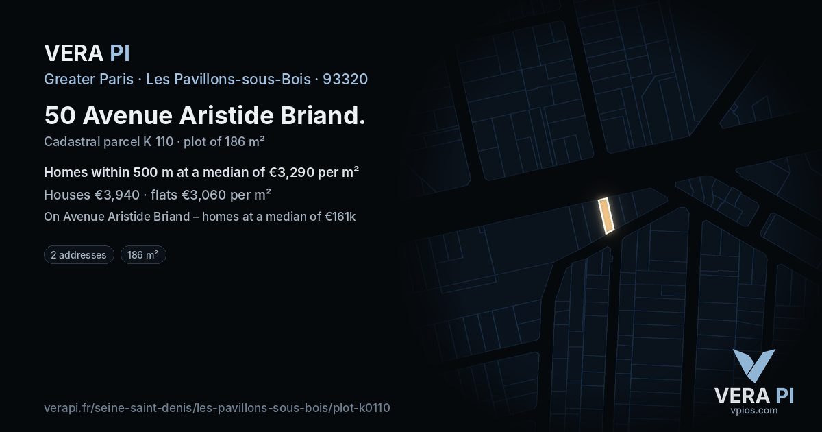 50 Avenue Aristide Briand, Les Pavillons-sous-Bois at night – the plot lit, the parcels around coloured by the prices near them