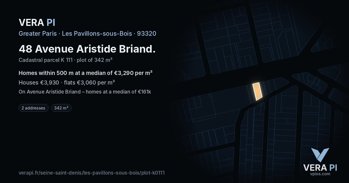 48 Avenue Aristide Briand, Les Pavillons-sous-Bois at night – the plot lit, the parcels around coloured by the prices near them