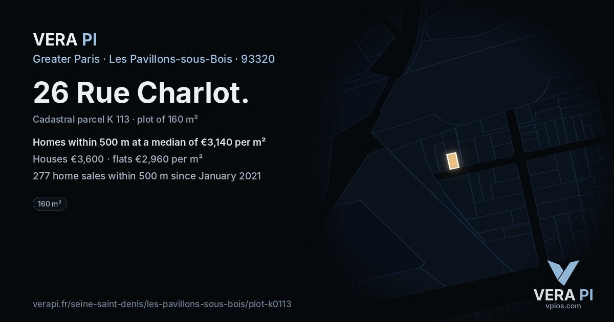 26 Rue Charlot, Les Pavillons-sous-Bois at night – the plot lit, the parcels around coloured by the prices near them