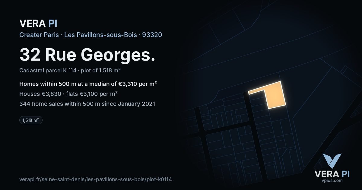 32 Rue Georges, Les Pavillons-sous-Bois at night – the plot lit, the parcels around coloured by the prices near them