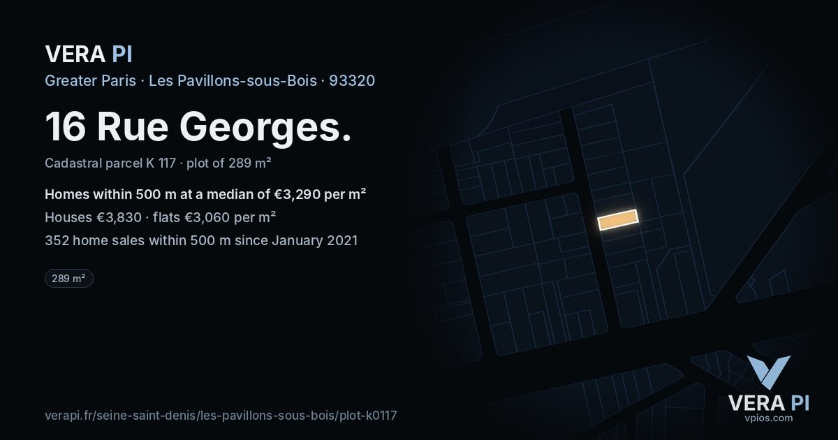 16 Rue Georges, Les Pavillons-sous-Bois at night – the plot lit, the parcels around coloured by the prices near them