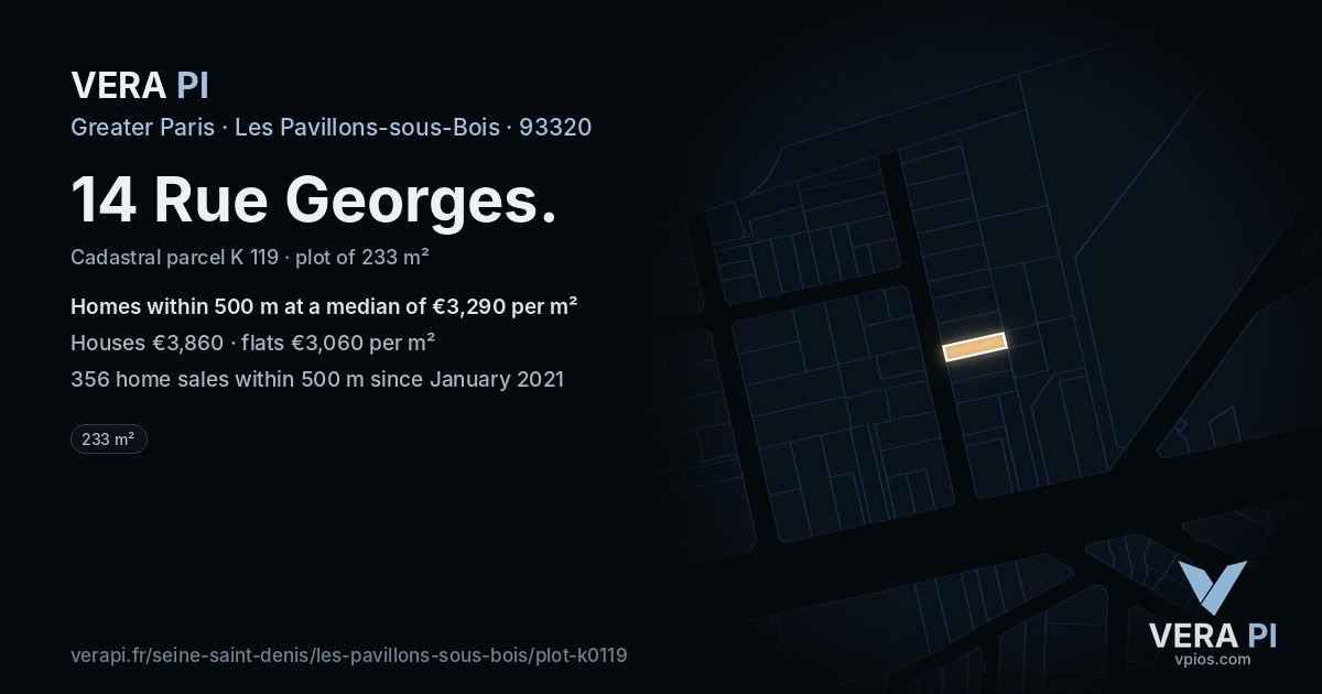 14 Rue Georges, Les Pavillons-sous-Bois at night – the plot lit, the parcels around coloured by the prices near them