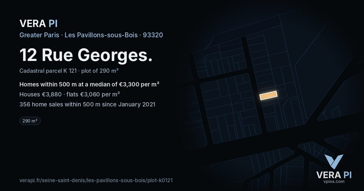12 Rue Georges, Les Pavillons-sous-Bois at night – the plot lit, the parcels around coloured by the prices near them