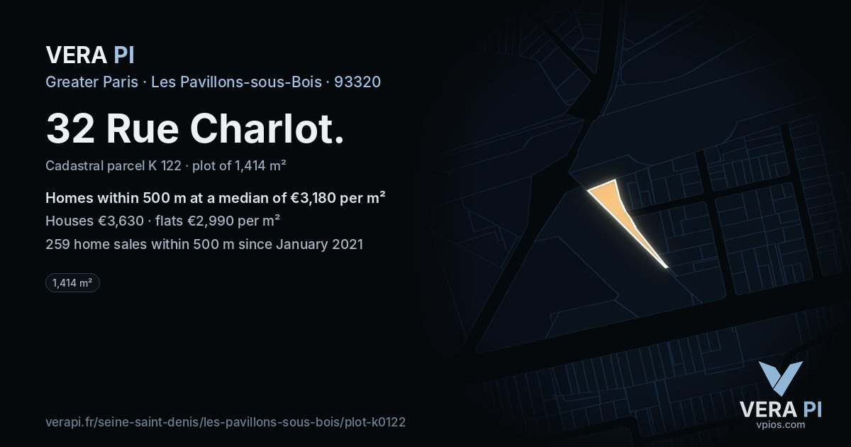 32 Rue Charlot, Les Pavillons-sous-Bois at night – the plot lit, the parcels around coloured by the prices near them