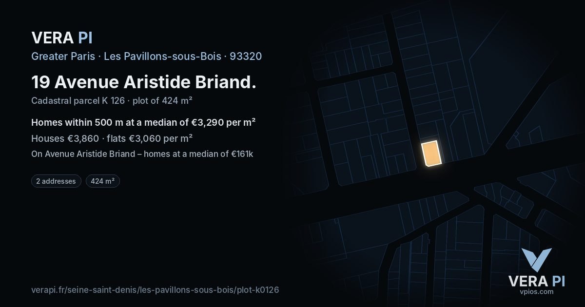 19 Avenue Aristide Briand, Les Pavillons-sous-Bois at night – the plot lit, the parcels around coloured by the prices near them