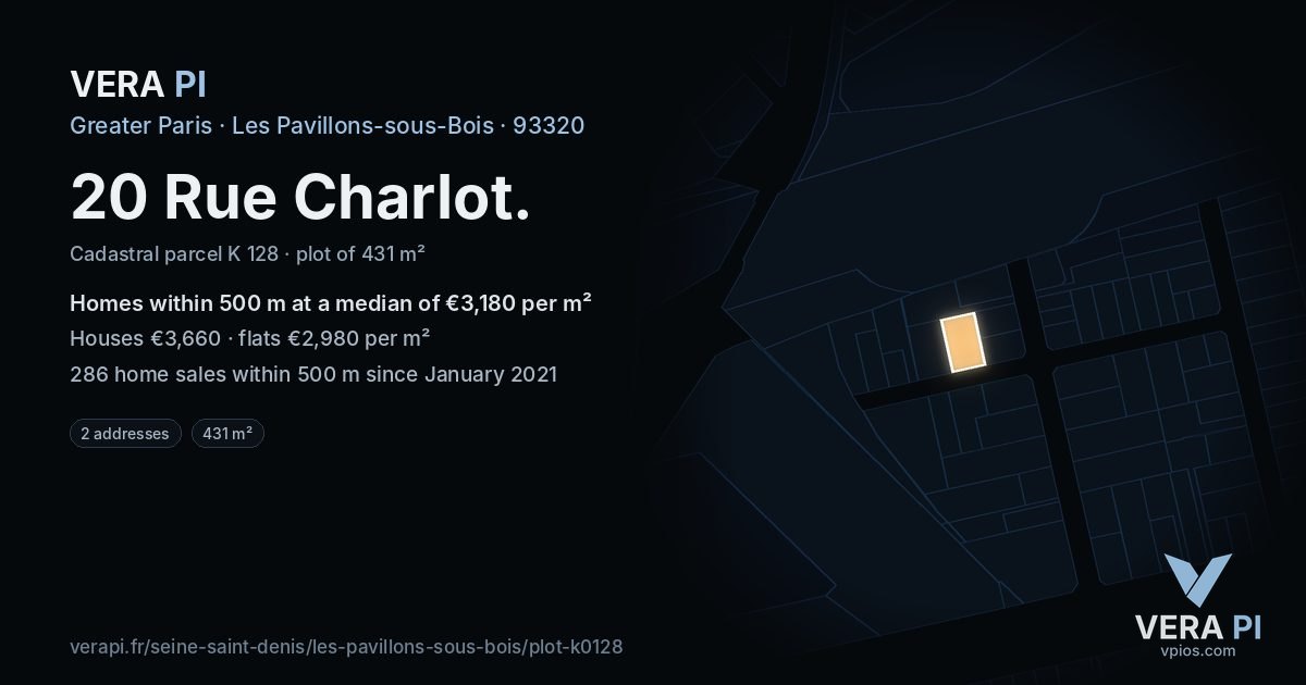 20 Rue Charlot, Les Pavillons-sous-Bois at night – the plot lit, the parcels around coloured by the prices near them