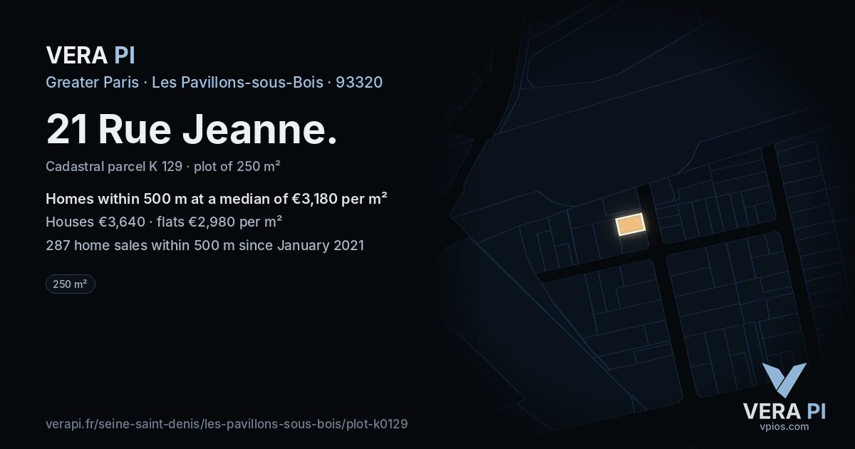 21 Rue Jeanne, Les Pavillons-sous-Bois at night – the plot lit, the parcels around coloured by the prices near them