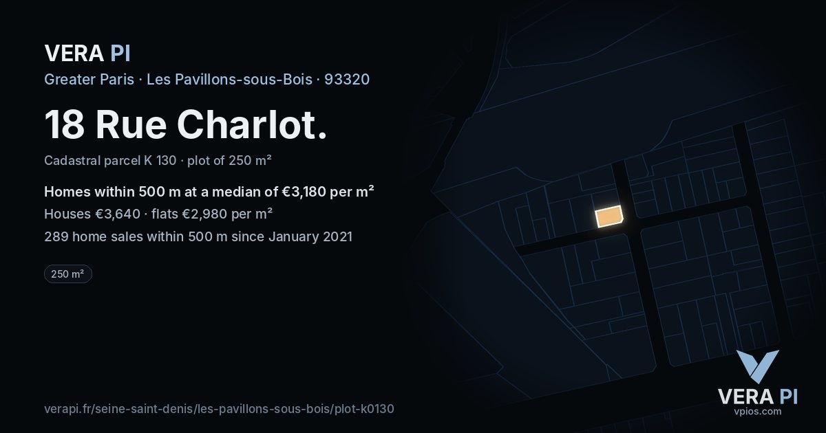 18 Rue Charlot, Les Pavillons-sous-Bois at night – the plot lit, the parcels around coloured by the prices near them
