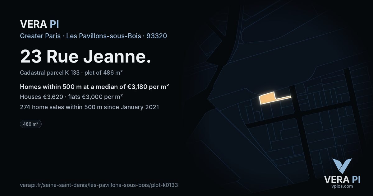 23 Rue Jeanne, Les Pavillons-sous-Bois at night – the plot lit, the parcels around coloured by the prices near them