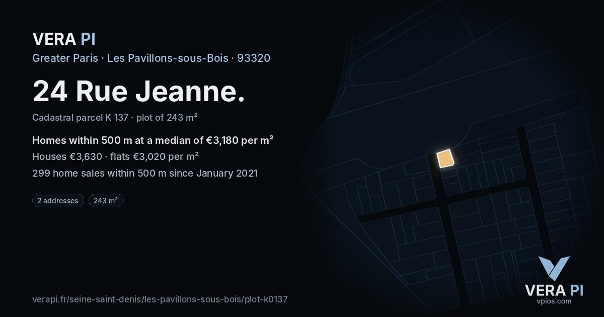 24 Rue Jeanne, Les Pavillons-sous-Bois at night – the plot lit, the parcels around coloured by the prices near them