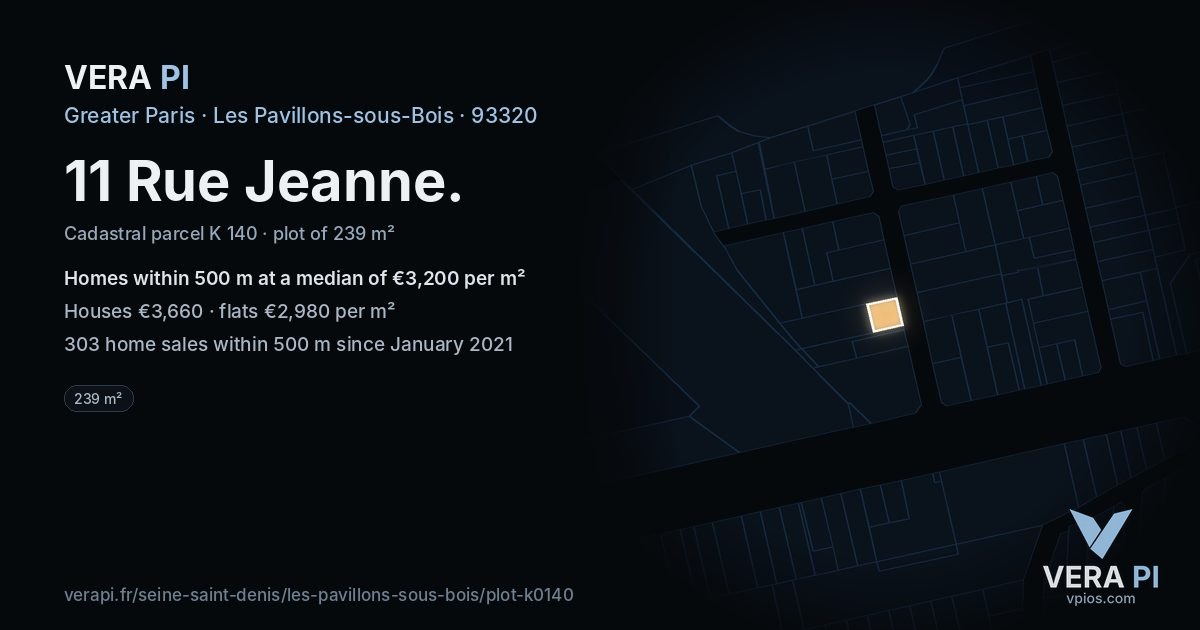 11 Rue Jeanne, Les Pavillons-sous-Bois at night – the plot lit, the parcels around coloured by the prices near them