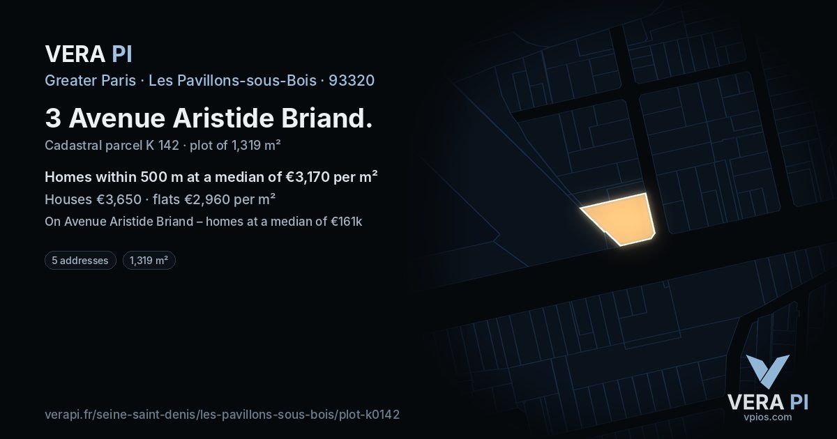 3 Avenue Aristide Briand, Les Pavillons-sous-Bois at night – the plot lit, the parcels around coloured by the prices near them