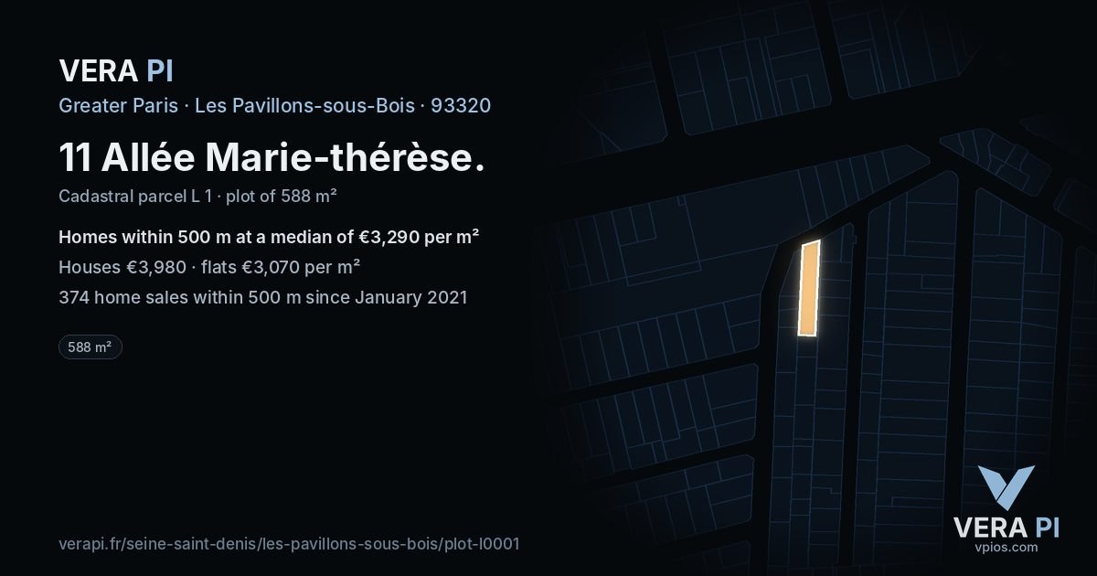 11 Allée Marie-thérèse, Les Pavillons-sous-Bois at night – the plot lit, the parcels around coloured by the prices near them