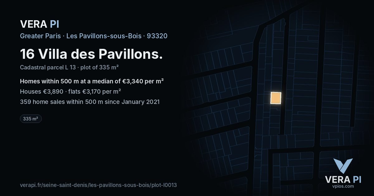 16 Villa des Pavillons, Les Pavillons-sous-Bois at night – the plot lit, the parcels around coloured by the prices near them