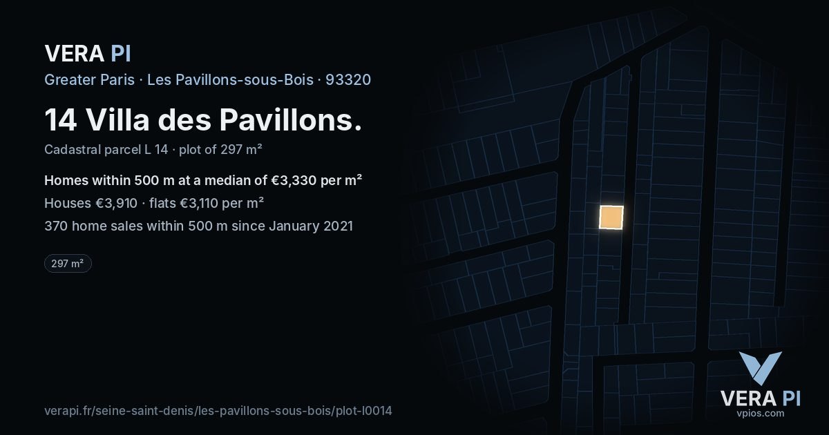 14 Villa des Pavillons, Les Pavillons-sous-Bois at night – the plot lit, the parcels around coloured by the prices near them