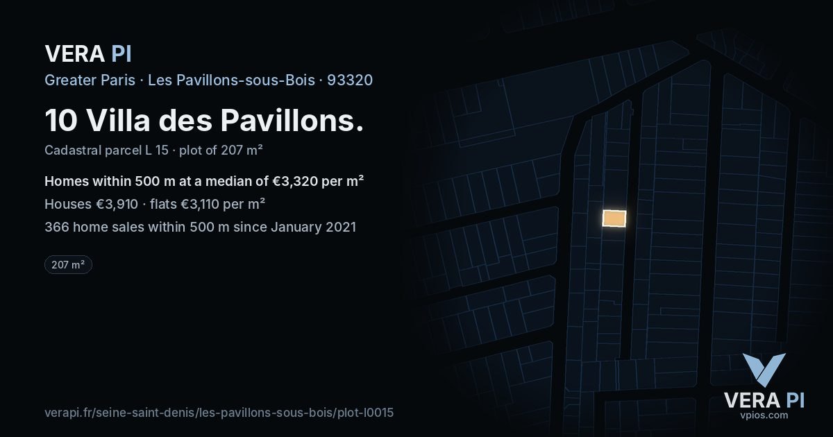 10 Villa des Pavillons, Les Pavillons-sous-Bois at night – the plot lit, the parcels around coloured by the prices near them