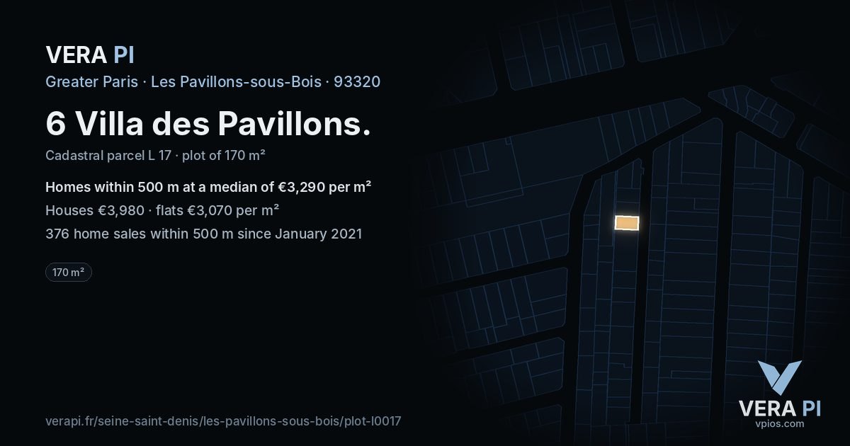 6 Villa des Pavillons, Les Pavillons-sous-Bois at night – the plot lit, the parcels around coloured by the prices near them