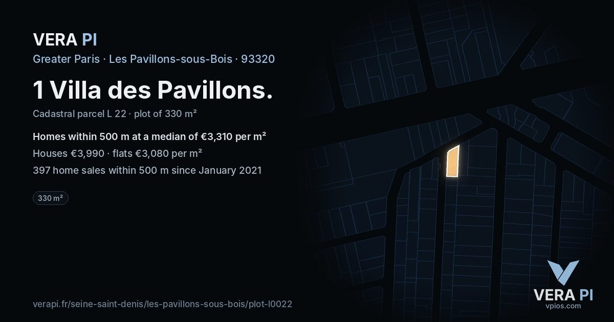 1 Villa des Pavillons, Les Pavillons-sous-Bois at night – the plot lit, the parcels around coloured by the prices near them
