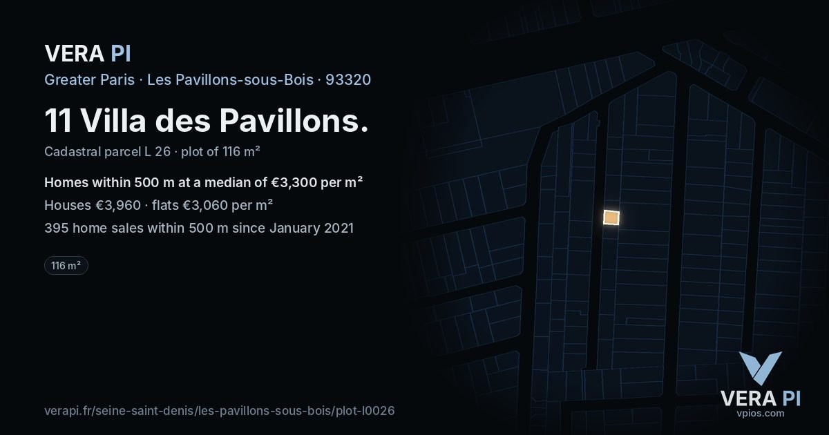 11 Villa des Pavillons, Les Pavillons-sous-Bois at night – the plot lit, the parcels around coloured by the prices near them