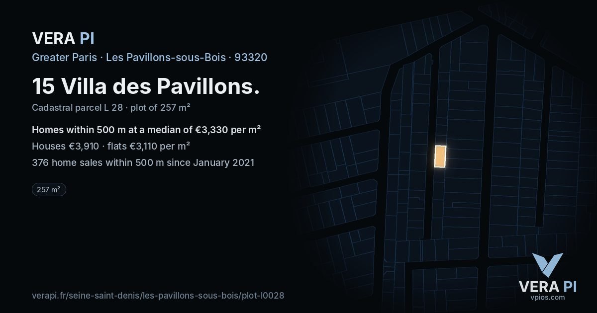 15 Villa des Pavillons, Les Pavillons-sous-Bois at night – the plot lit, the parcels around coloured by the prices near them