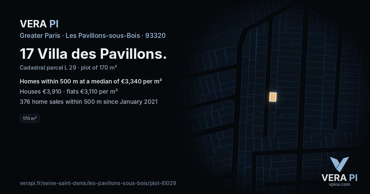 17 Villa des Pavillons, Les Pavillons-sous-Bois at night – the plot lit, the parcels around coloured by the prices near them