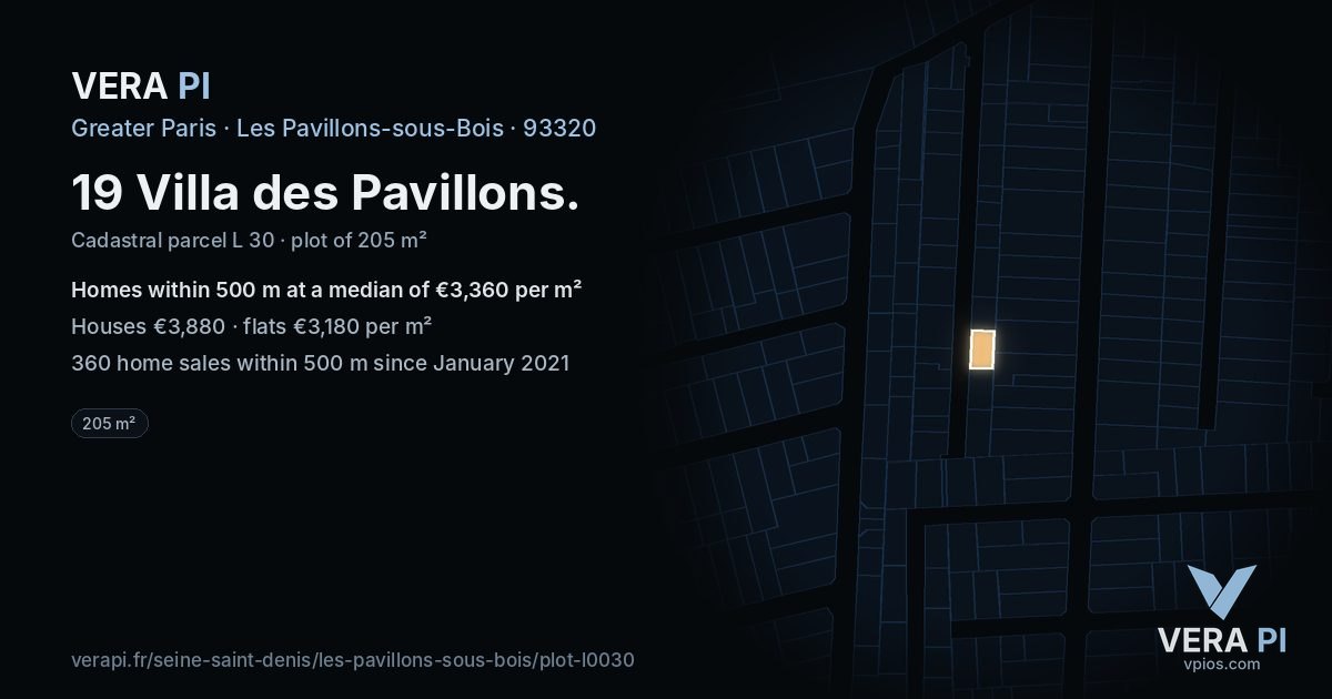 19 Villa des Pavillons, Les Pavillons-sous-Bois at night – the plot lit, the parcels around coloured by the prices near them