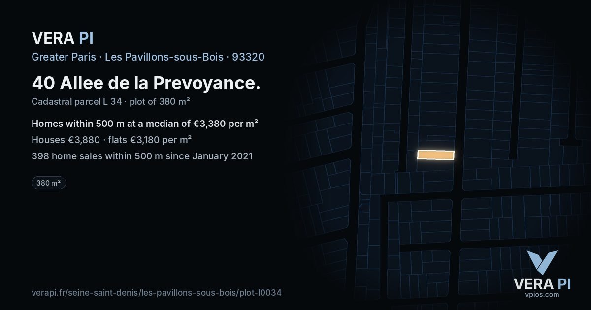 40 Allee de la Prevoyance, Les Pavillons-sous-Bois at night – the plot lit, the parcels around coloured by the prices near them