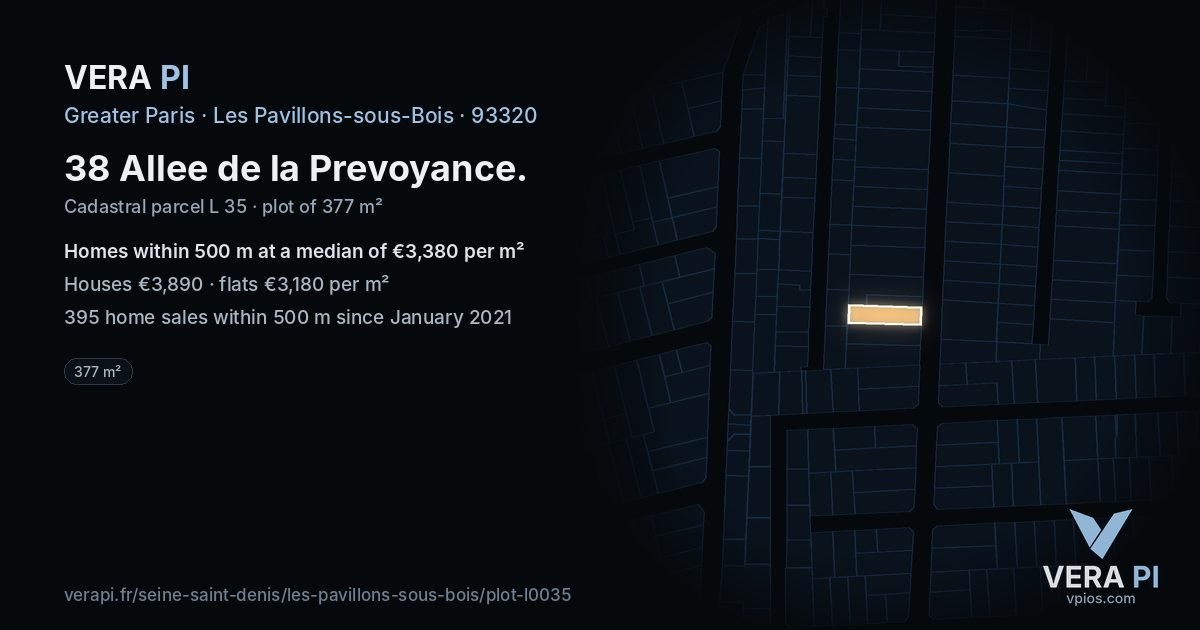 38 Allee de la Prevoyance, Les Pavillons-sous-Bois at night – the plot lit, the parcels around coloured by the prices near them