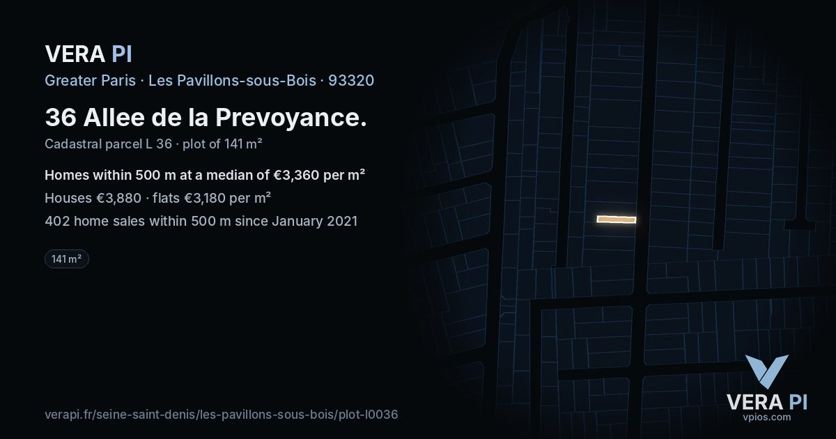 36 Allee de la Prevoyance, Les Pavillons-sous-Bois at night – the plot lit, the parcels around coloured by the prices near them
