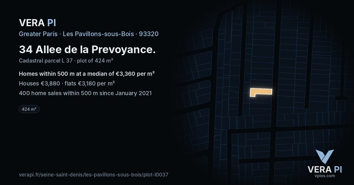 34 Allee de la Prevoyance, Les Pavillons-sous-Bois at night – the plot lit, the parcels around coloured by the prices near them