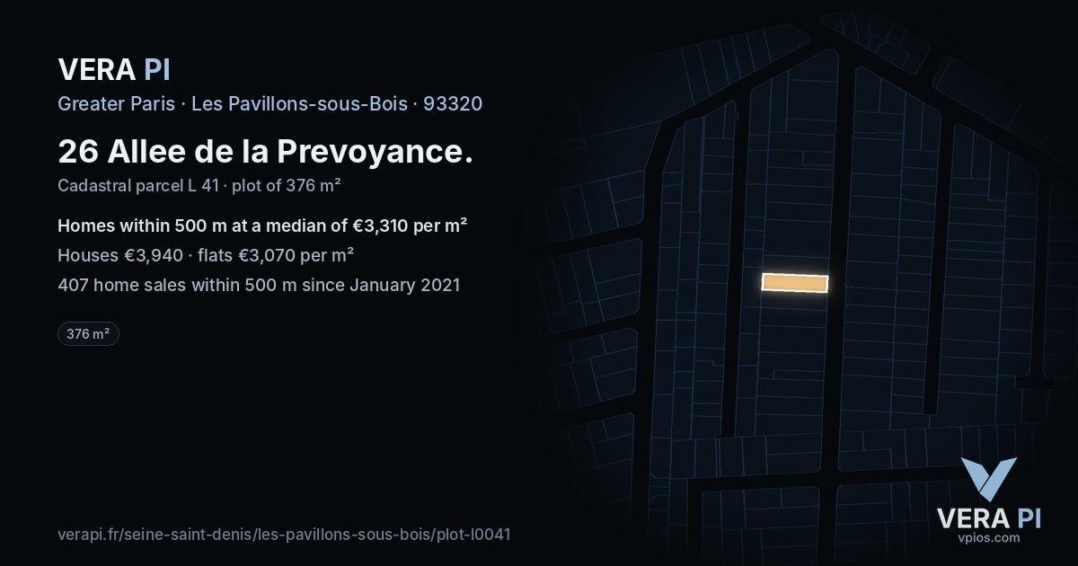 26 Allee de la Prevoyance, Les Pavillons-sous-Bois at night – the plot lit, the parcels around coloured by the prices near them