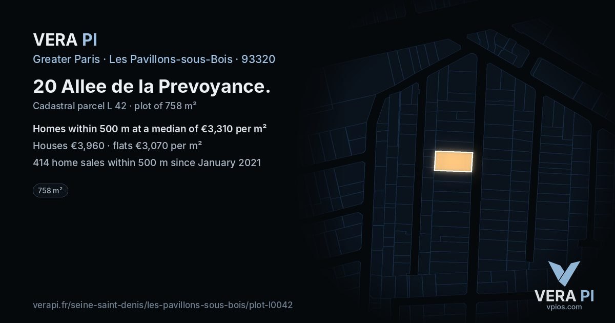 20 Allee de la Prevoyance, Les Pavillons-sous-Bois at night – the plot lit, the parcels around coloured by the prices near them