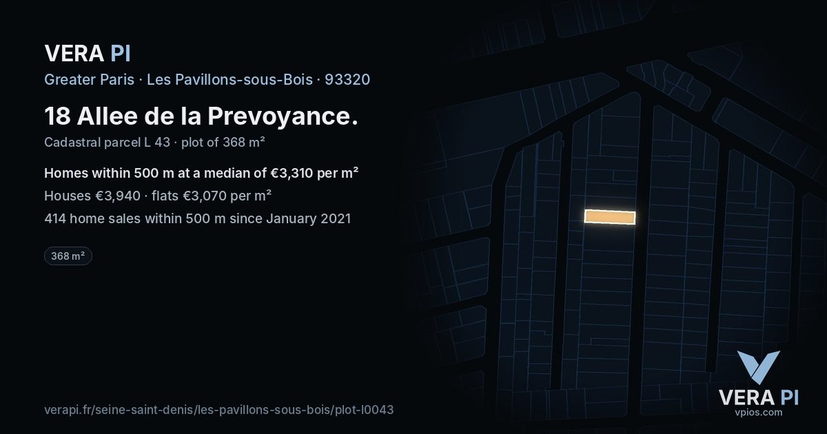 18 Allee de la Prevoyance, Les Pavillons-sous-Bois at night – the plot lit, the parcels around coloured by the prices near them