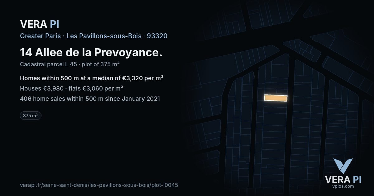 14 Allee de la Prevoyance, Les Pavillons-sous-Bois at night – the plot lit, the parcels around coloured by the prices near them
