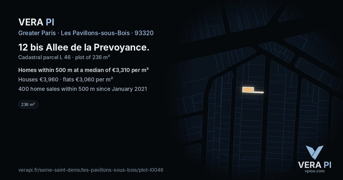 12 bis Allee de la Prevoyance, Les Pavillons-sous-Bois at night – the plot lit, the parcels around coloured by the prices near them