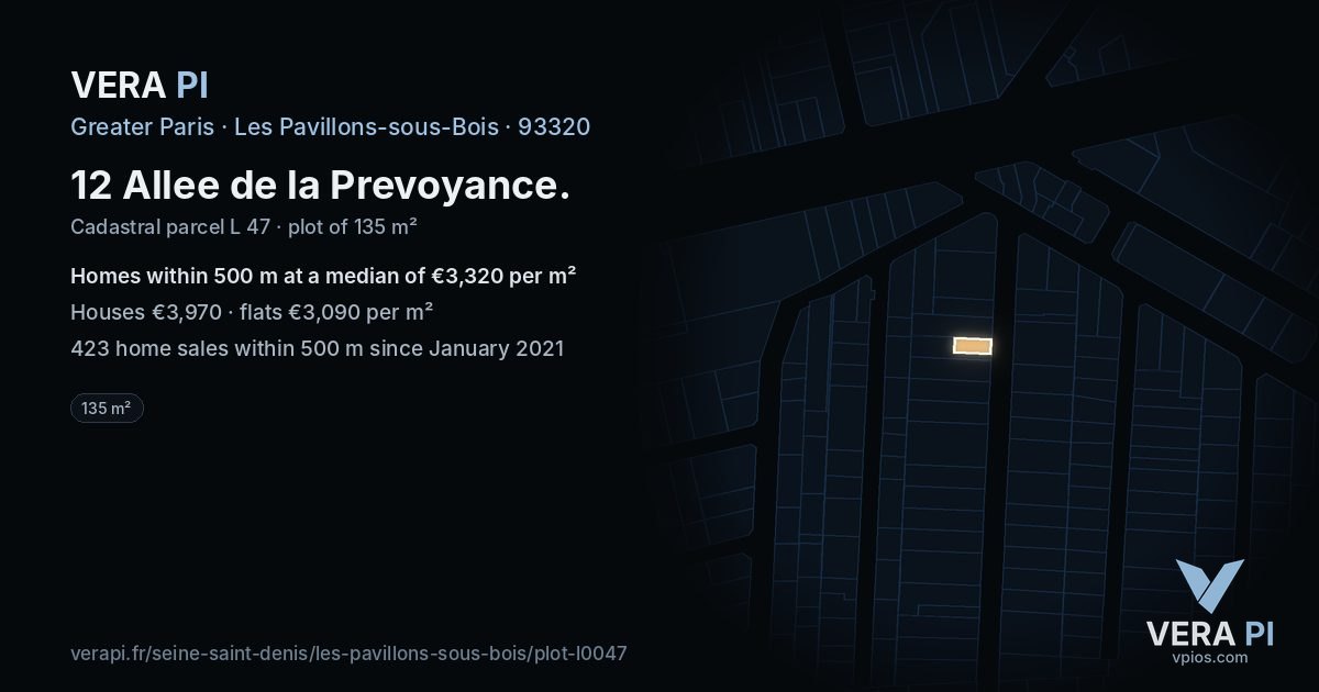 12 Allee de la Prevoyance, Les Pavillons-sous-Bois at night – the plot lit, the parcels around coloured by the prices near them