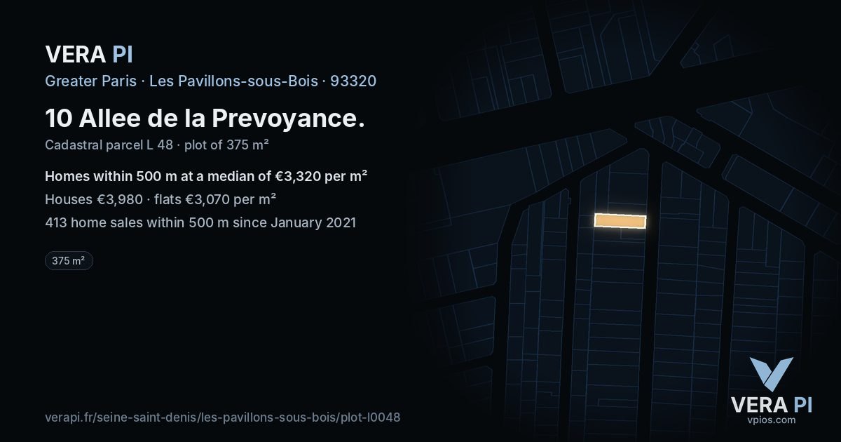 10 Allee de la Prevoyance, Les Pavillons-sous-Bois at night – the plot lit, the parcels around coloured by the prices near them