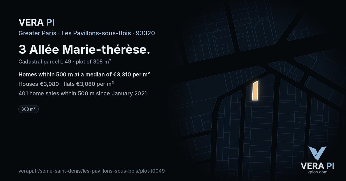3 Allée Marie-thérèse, Les Pavillons-sous-Bois at night – the plot lit, the parcels around coloured by the prices near them