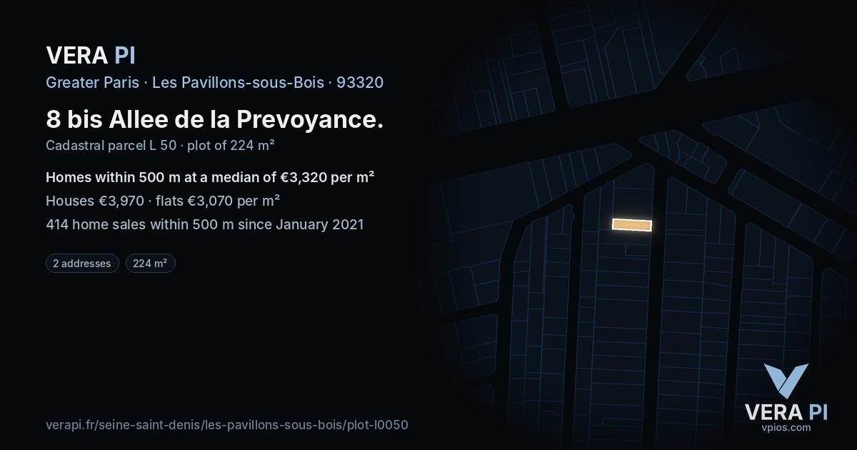 8 bis Allee de la Prevoyance, Les Pavillons-sous-Bois at night – the plot lit, the parcels around coloured by the prices near them