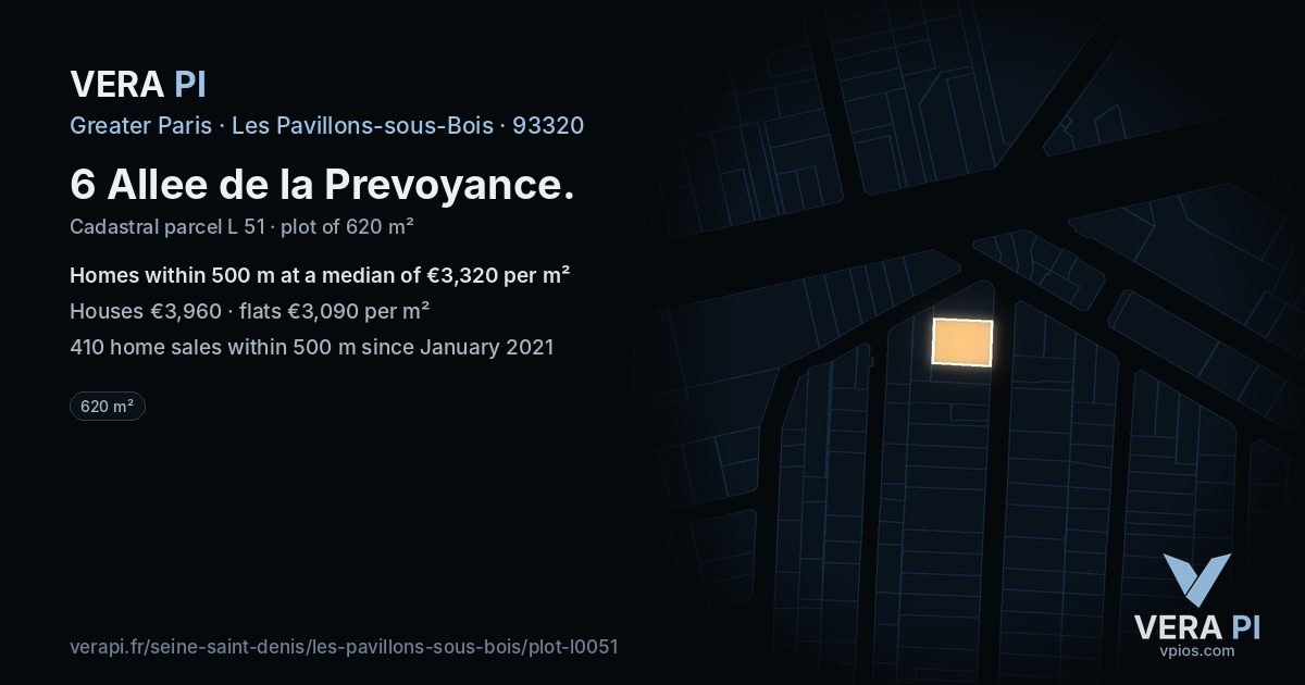 6 Allee de la Prevoyance, Les Pavillons-sous-Bois at night – the plot lit, the parcels around coloured by the prices near them