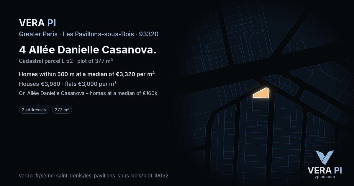 4 Allée Danielle Casanova, Les Pavillons-sous-Bois at night – the plot lit, the parcels around coloured by the prices near them