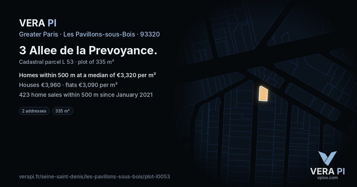 3 Allee de la Prevoyance, Les Pavillons-sous-Bois at night – the plot lit, the parcels around coloured by the prices near them