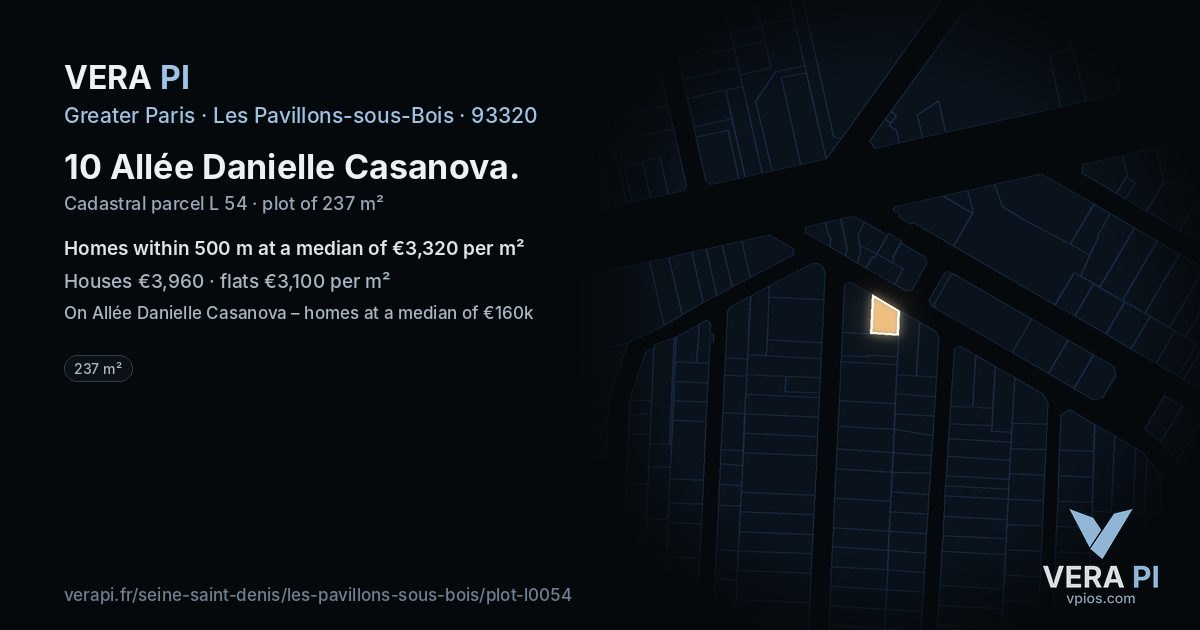 10 Allée Danielle Casanova, Les Pavillons-sous-Bois at night – the plot lit, the parcels around coloured by the prices near them