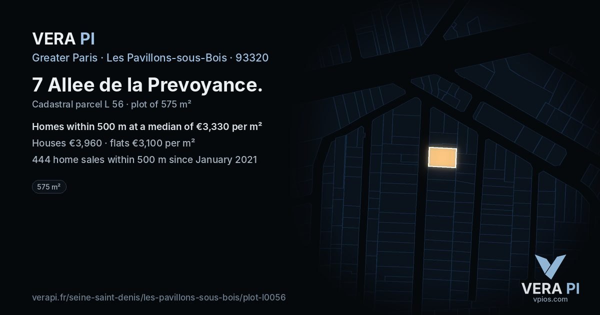 7 Allee de la Prevoyance, Les Pavillons-sous-Bois at night – the plot lit, the parcels around coloured by the prices near them