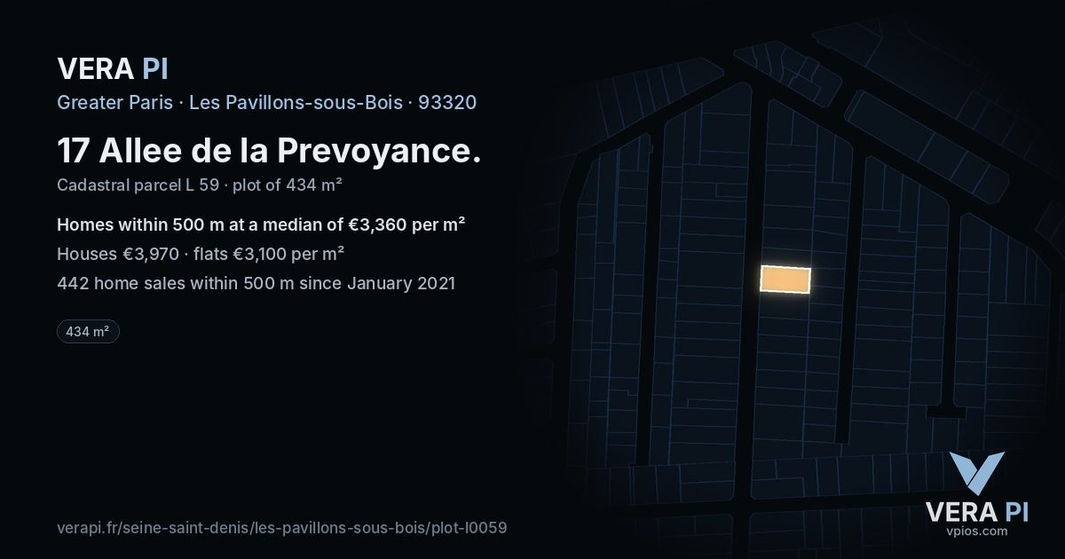 17 Allee de la Prevoyance, Les Pavillons-sous-Bois at night – the plot lit, the parcels around coloured by the prices near them