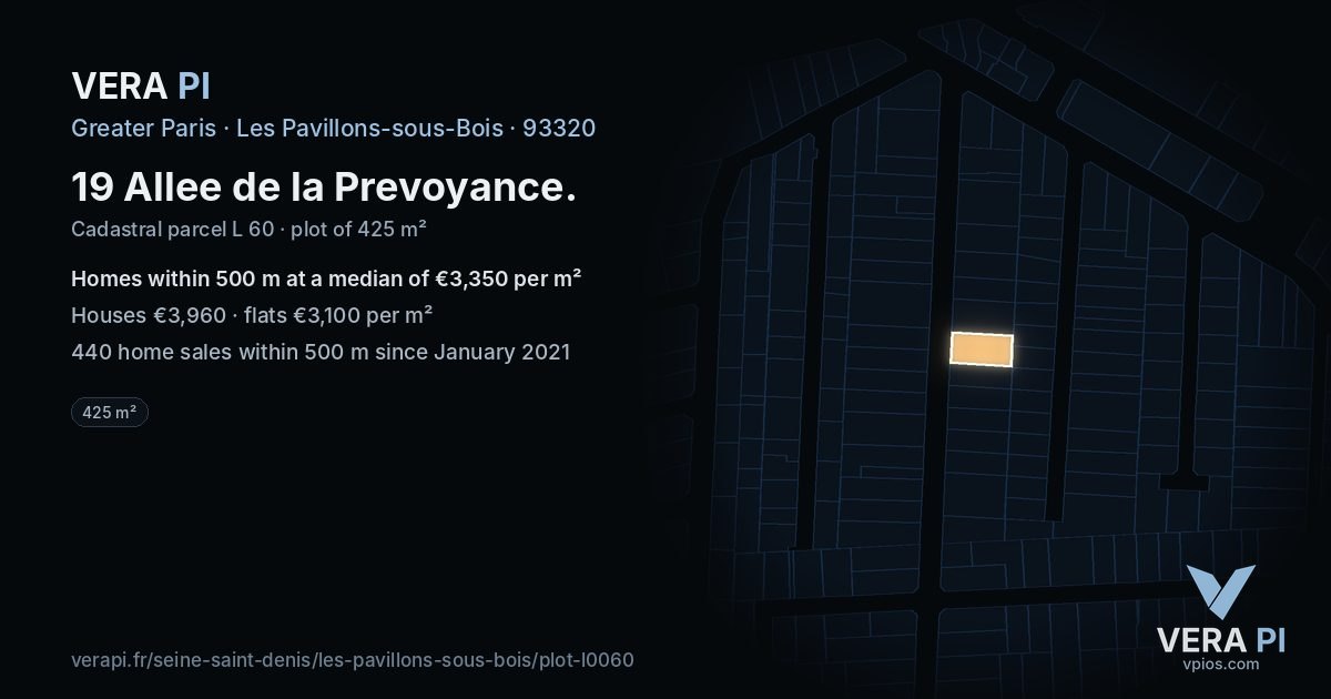 19 Allee de la Prevoyance, Les Pavillons-sous-Bois at night – the plot lit, the parcels around coloured by the prices near them