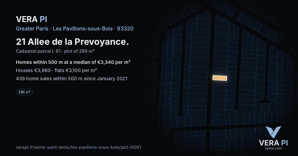21 Allee de la Prevoyance, Les Pavillons-sous-Bois at night – the plot lit, the parcels around coloured by the prices near them