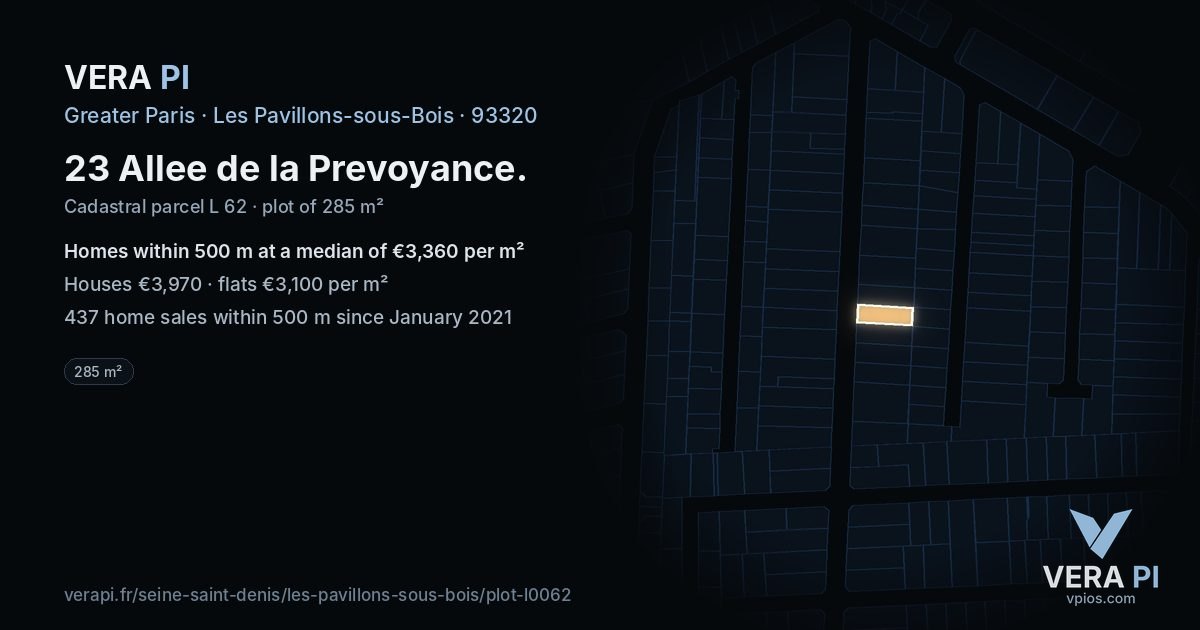 23 Allee de la Prevoyance, Les Pavillons-sous-Bois at night – the plot lit, the parcels around coloured by the prices near them