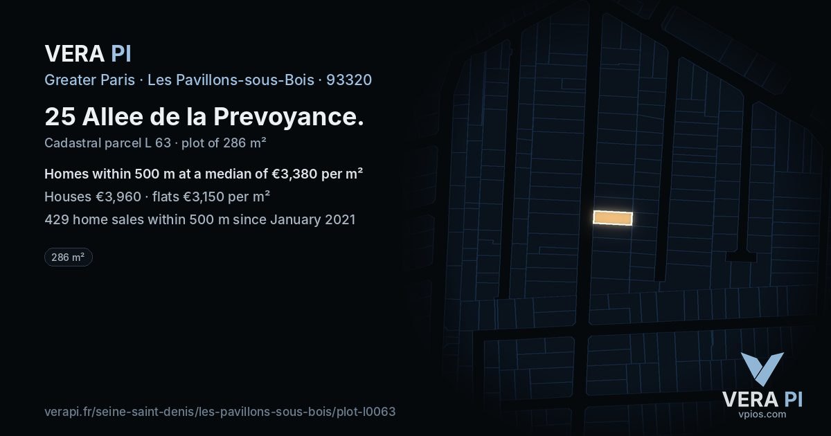 25 Allee de la Prevoyance, Les Pavillons-sous-Bois at night – the plot lit, the parcels around coloured by the prices near them